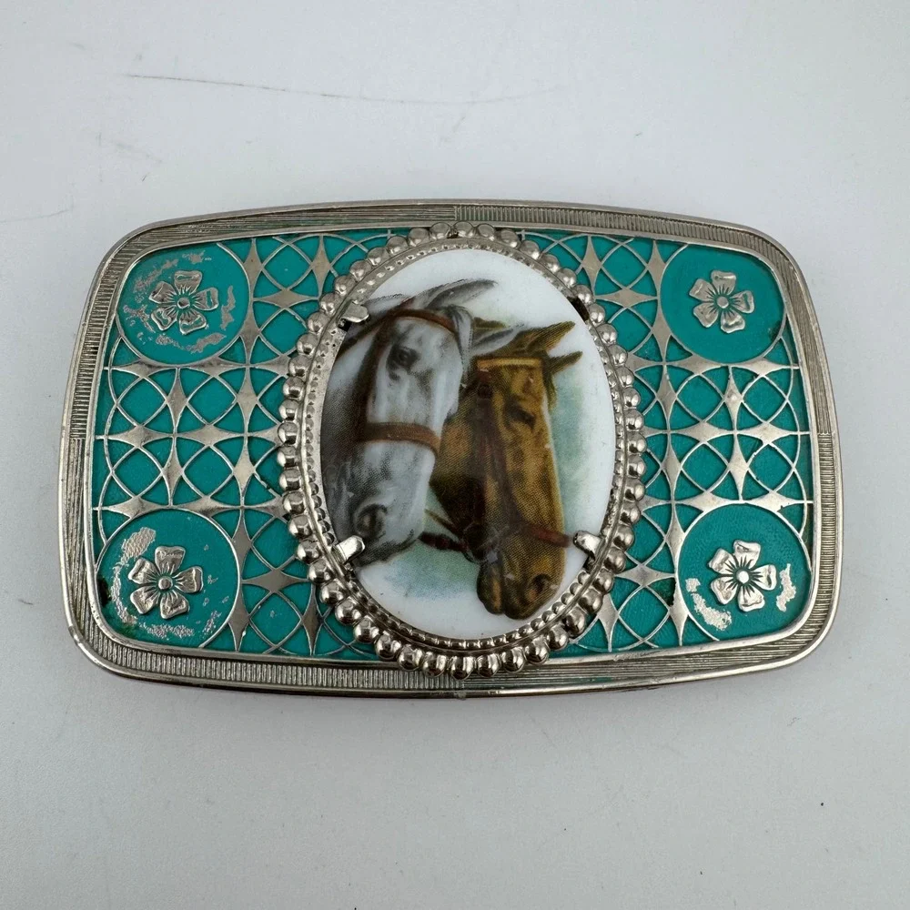Belt Buckle Teal Western Equestrian Horse Cameo Enamel Floral